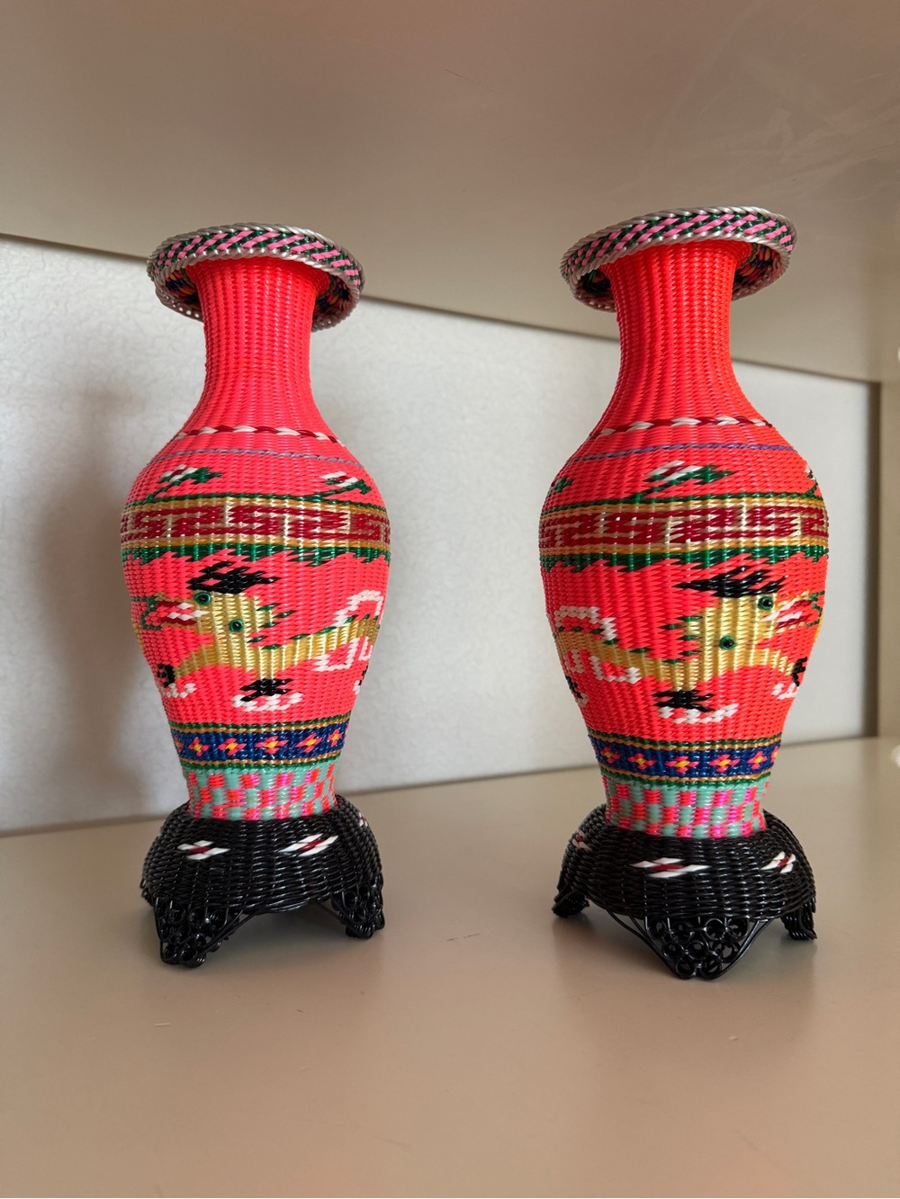 1960s Vintage Scoubidou Vases With Chinoiserie Dragon Motif Neon colors